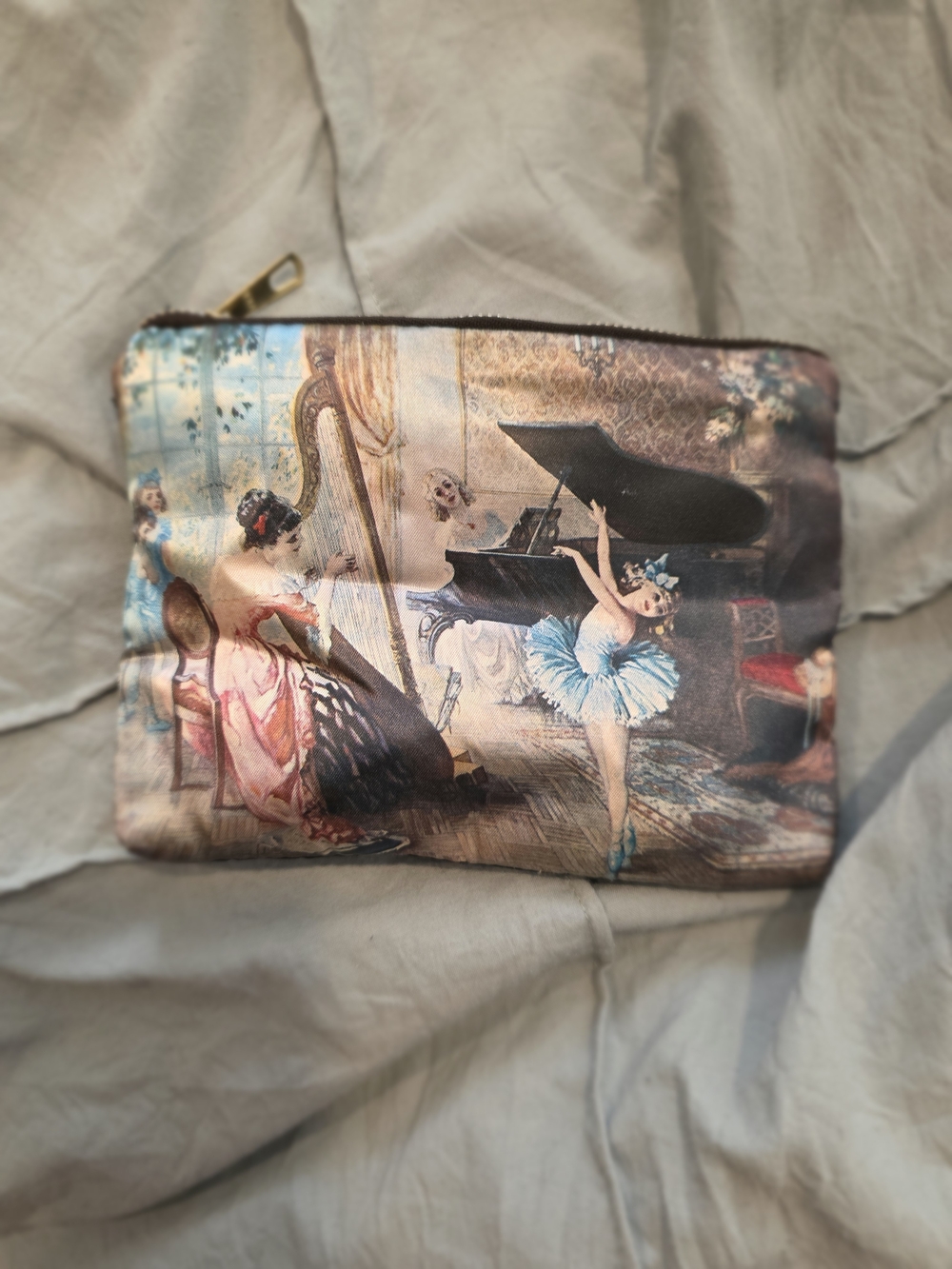 Vintage Ballet Scene Printed Cosmetic Pouch - Blue & Cream